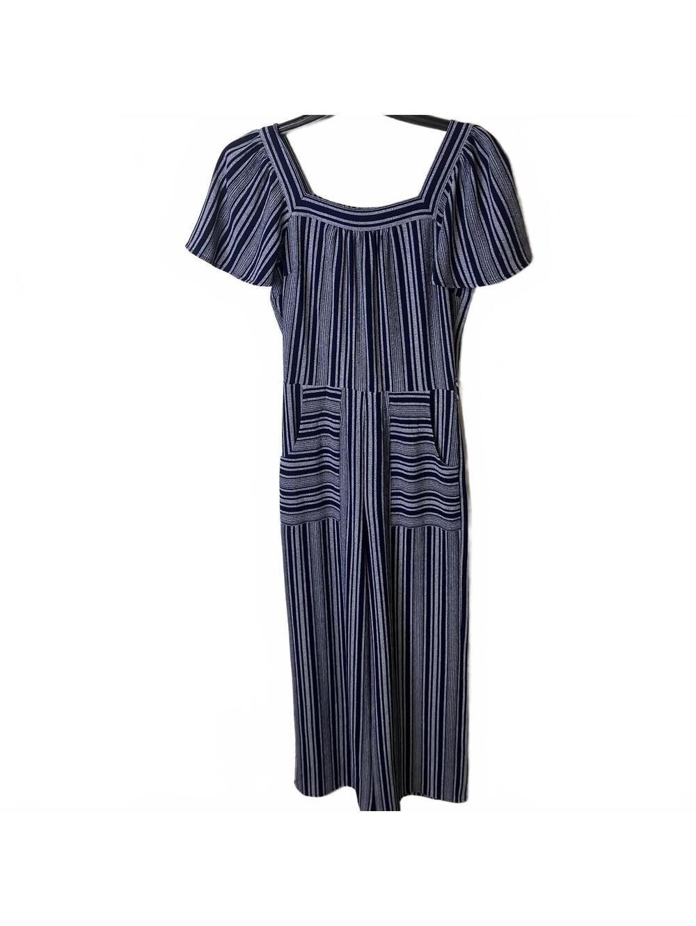 Monteau Boutique Minimalist Navy White Striped Wide-Leg Pocket Jumpsuit Medium
